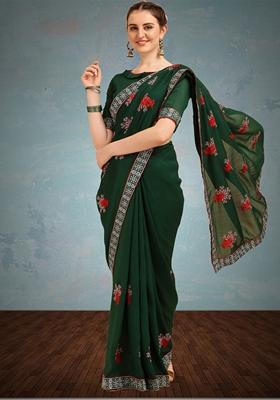 Green Floral Embroidered Vichitra Silk Saree Set