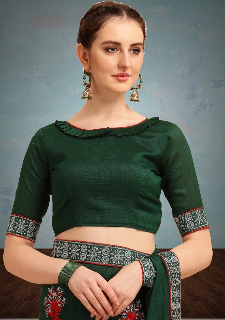 Green Floral Embroidered Vichitra Silk Saree Set