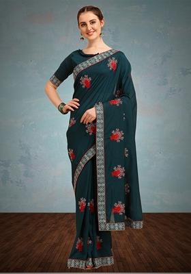 Blue Floral Embroidered Vichitra Silk Saree Set