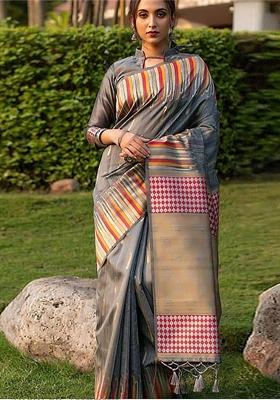 Grey Printed Banarasi Handloom Saree Set
