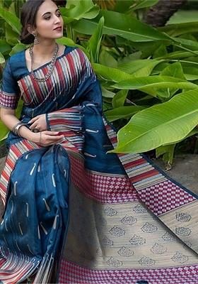 Blue Printed Banarasi Handloom Saree Set