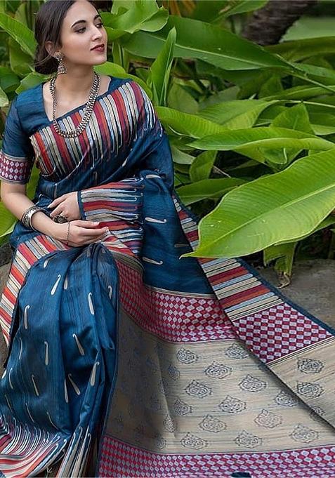 Blue Printed Banarasi Handloom Saree Set