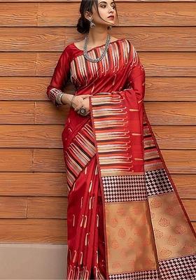 Red Printed Banarasi Handloom Saree Set