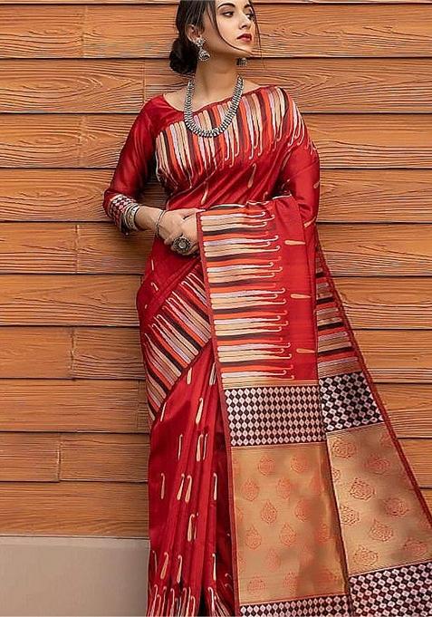 Red Printed Banarasi Handloom Saree Set