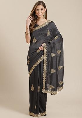 Black Embroidered Vichitra Silk Saree Set