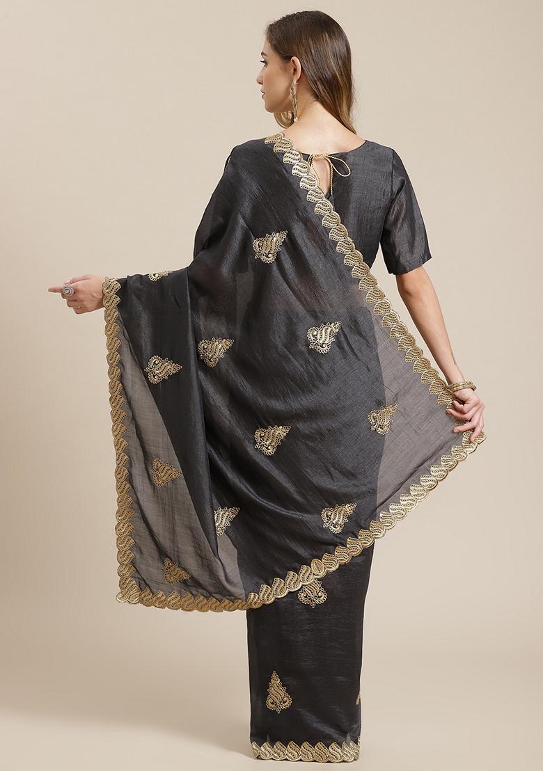 Black Embroidered Vichitra Silk Saree Set