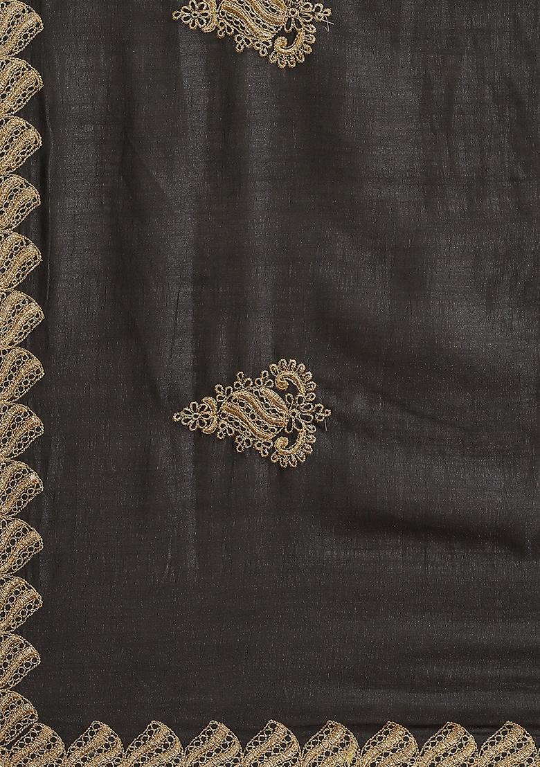 Black Embroidered Vichitra Silk Saree Set