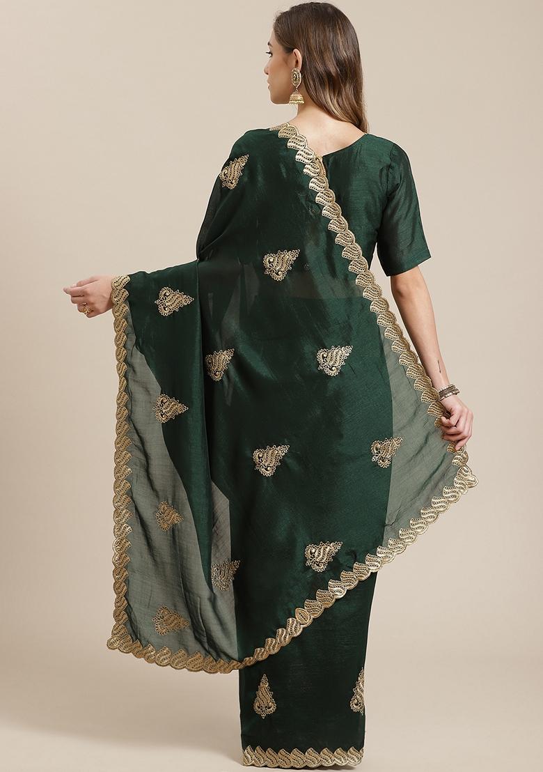 Green Embroidered Vichitra Silk Saree Set