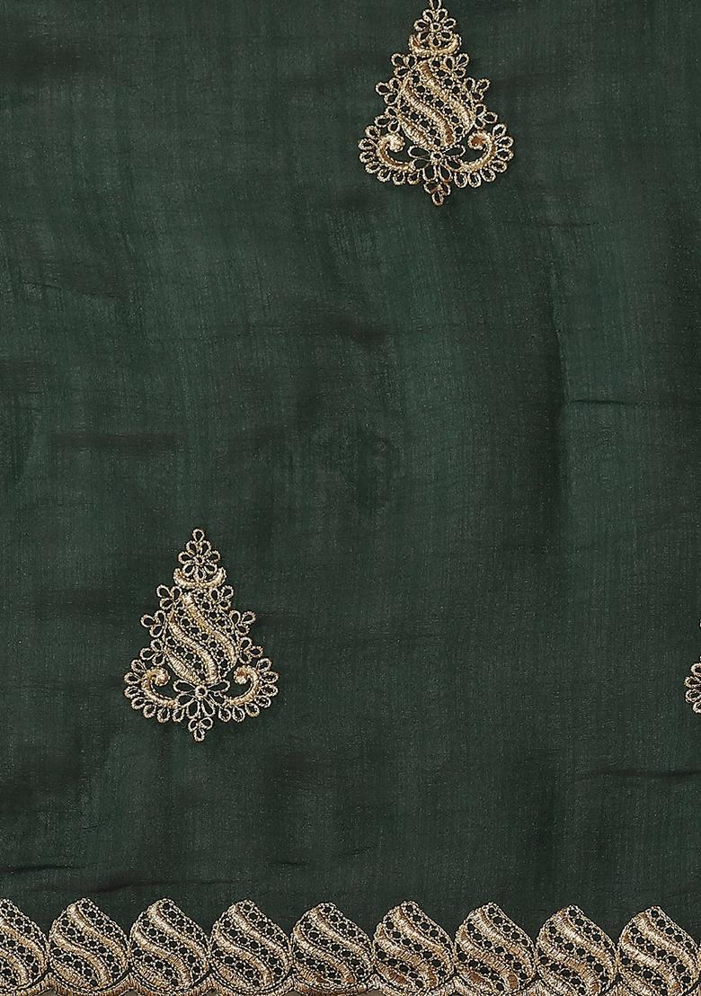 Green Embroidered Vichitra Silk Saree Set