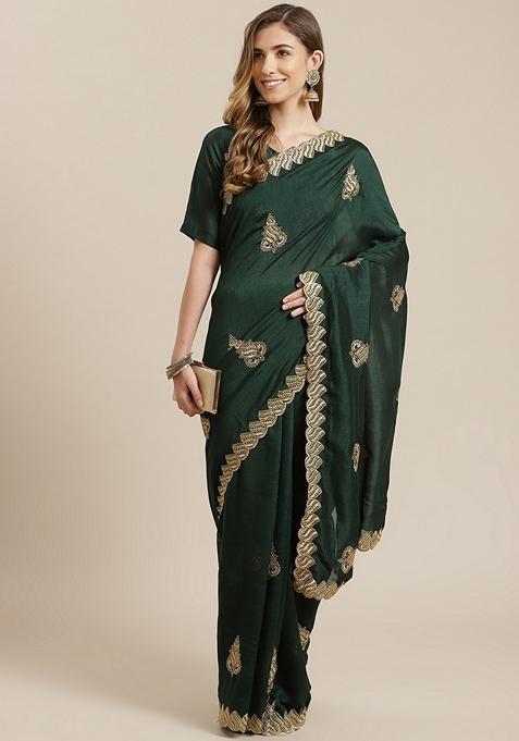 Green Embroidered Vichitra Silk Saree Set