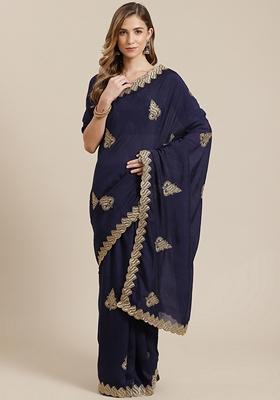 Blue Embroidered Vichitra Silk Saree Set