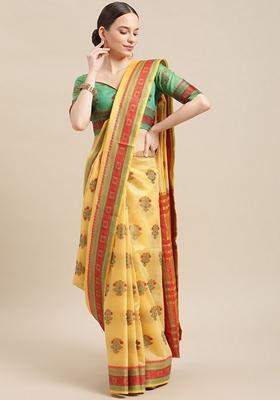 Yellow And Red printed Jacquard Cotton Silk Saree Set
