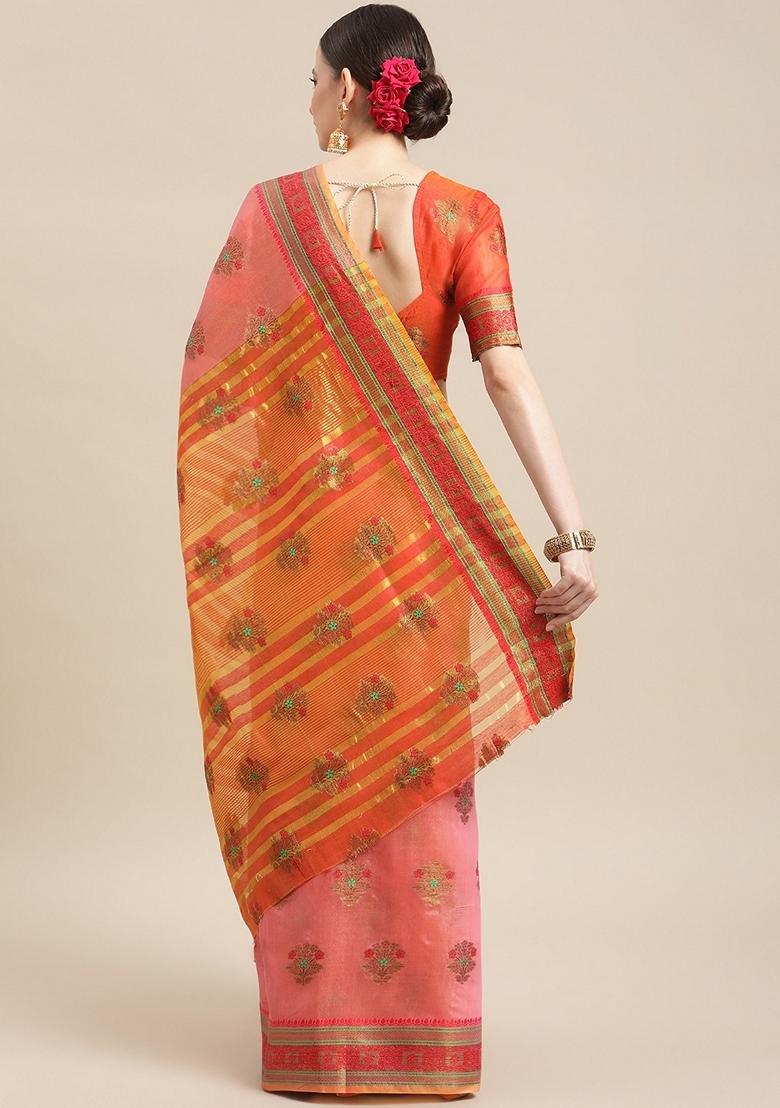 Pink And Red printed Jacquard Cotton Silk Saree Set