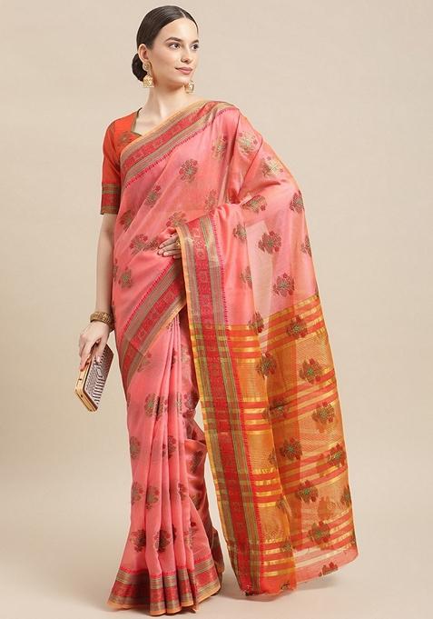 Pink And Red printed Jacquard Cotton Silk Saree Set