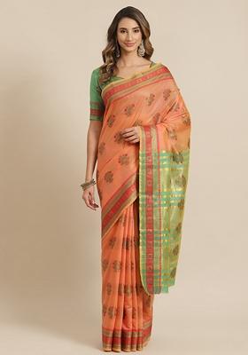 Orange And Green printed Jacquard Cotton Silk Saree Set