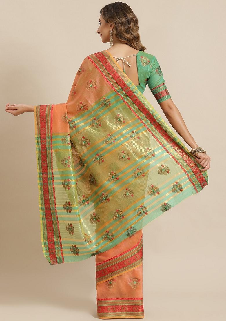 Orange And Green printed Jacquard Cotton Silk Saree Set