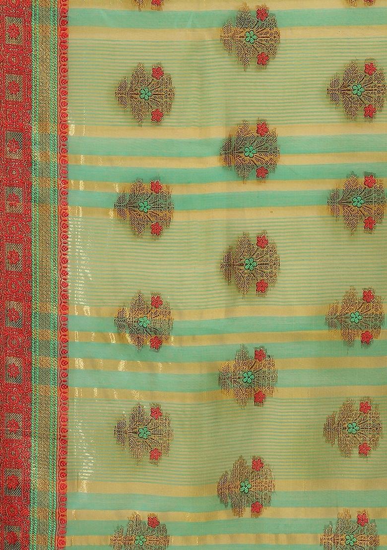 Orange And Green printed Jacquard Cotton Silk Saree Set