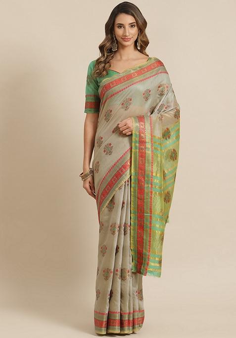 Grey And Green printed Jacquard Cotton Silk Saree Set