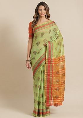 Green And Orange printed Jacquard Cotton Silk Saree Set