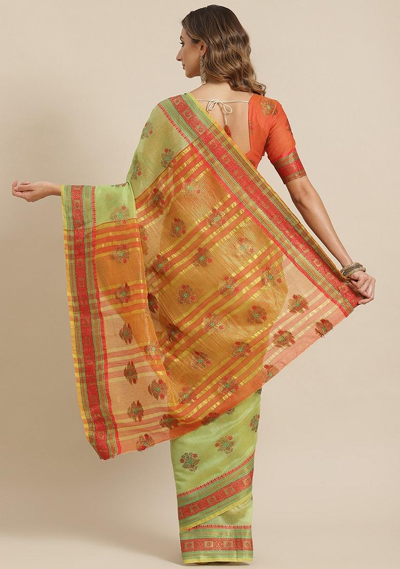 Green And Orange printed Jacquard Cotton Silk Saree Set