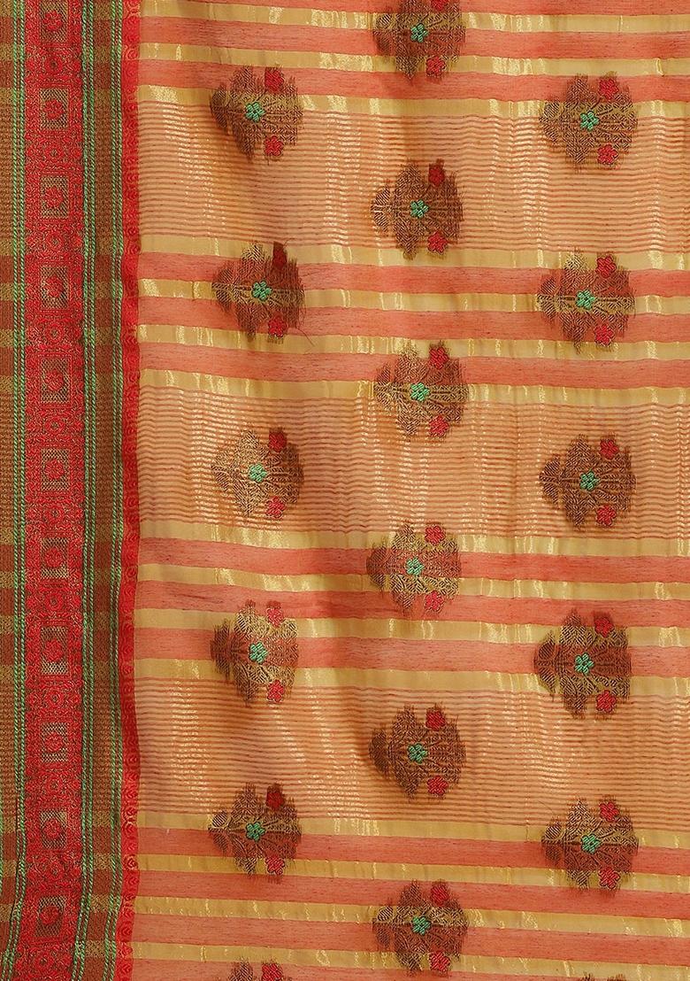 Green And Orange printed Jacquard Cotton Silk Saree Set