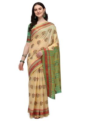 Cream And Green printed Jacquard Cotton Silk Saree Set