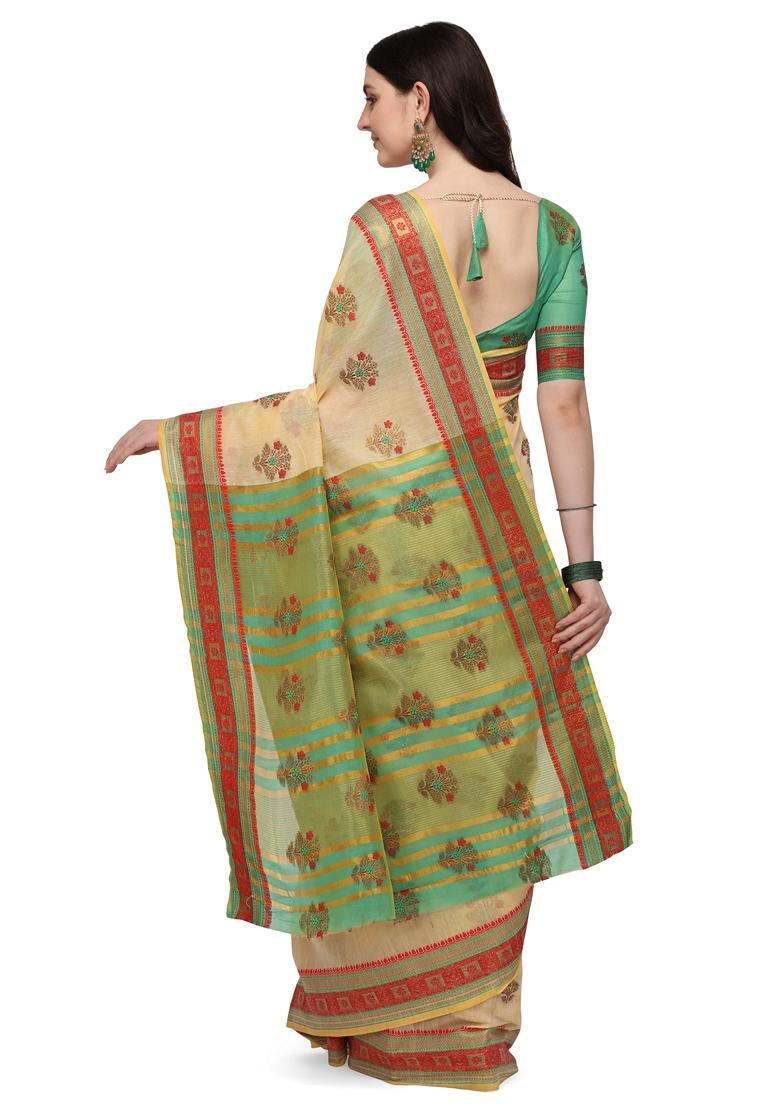 Cream And Green printed Jacquard Cotton Silk Saree Set