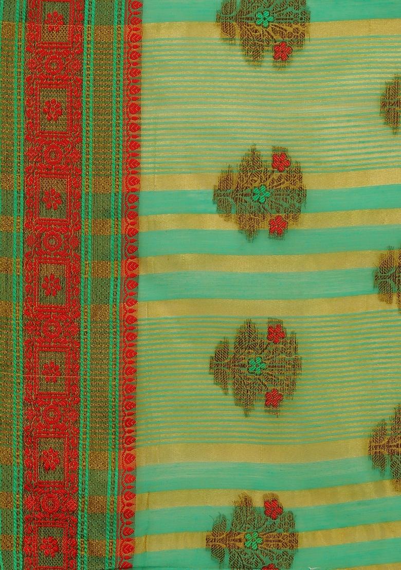 Cream And Green printed Jacquard Cotton Silk Saree Set