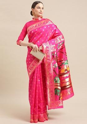 Pink Printed Banarasi Jacquard Saree Set
