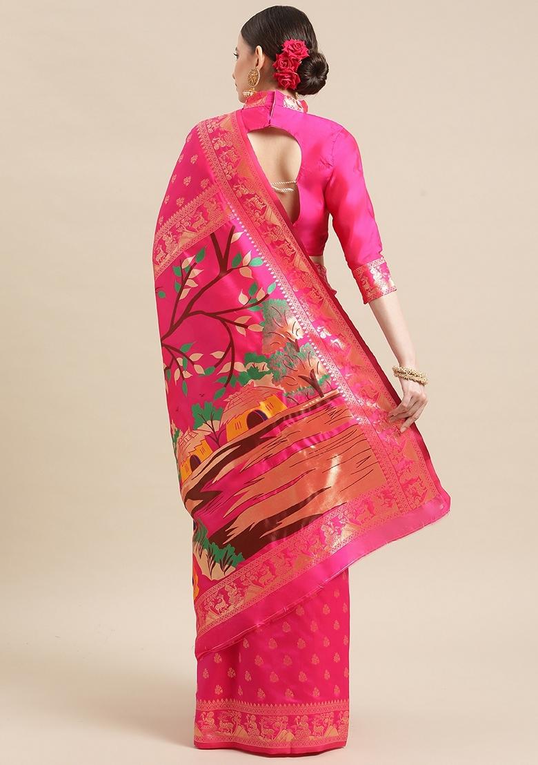 Pink Printed Banarasi Jacquard Saree Set