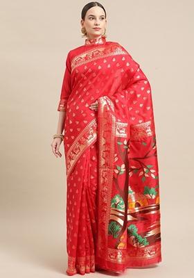 Red Printed Banarasi Jacquard Saree Set