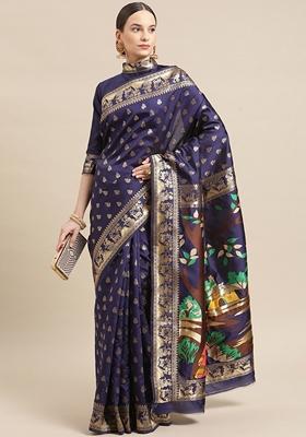 Blue Printed Banarasi Jacquard Saree Set