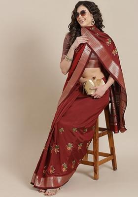 Maroon Floral Embroidered Soft Cotton Silk Saree Set