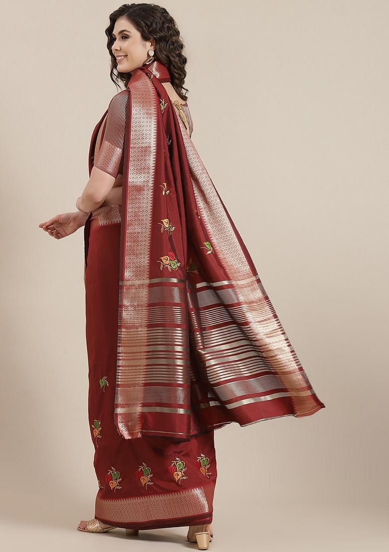 Maroon Floral Embroidered Soft Cotton Silk Saree Set