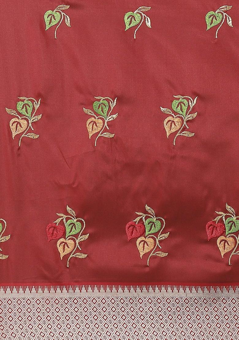 Maroon Floral Embroidered Soft Cotton Silk Saree Set