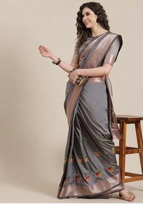 Grey Floral Embroidered Soft Cotton Silk Saree Set