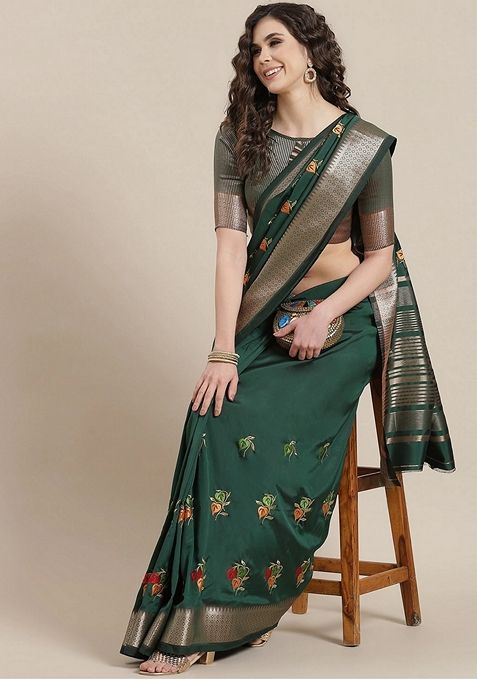 Green Floral Embroidered Soft Cotton Silk Saree Set