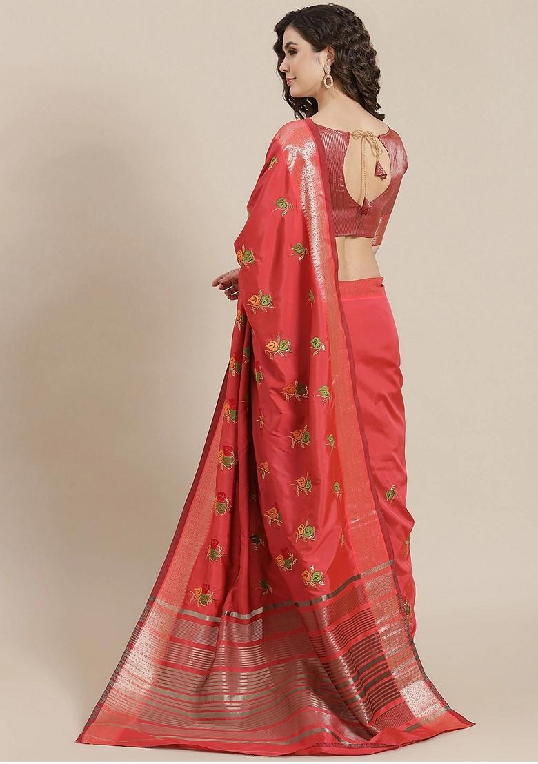 Pink Floral Embroidered Soft Cotton Silk Saree Set