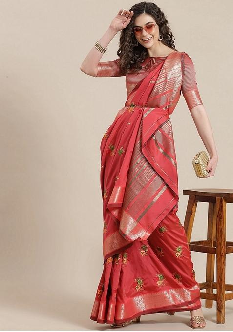 Pink Floral Embroidered Soft Cotton Silk Saree Set