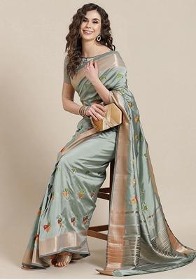 Light Blue Floral Embroidered Soft Cotton Silk Saree Set