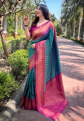 Bottle Green Zari Woven Soft Silk Saree Set