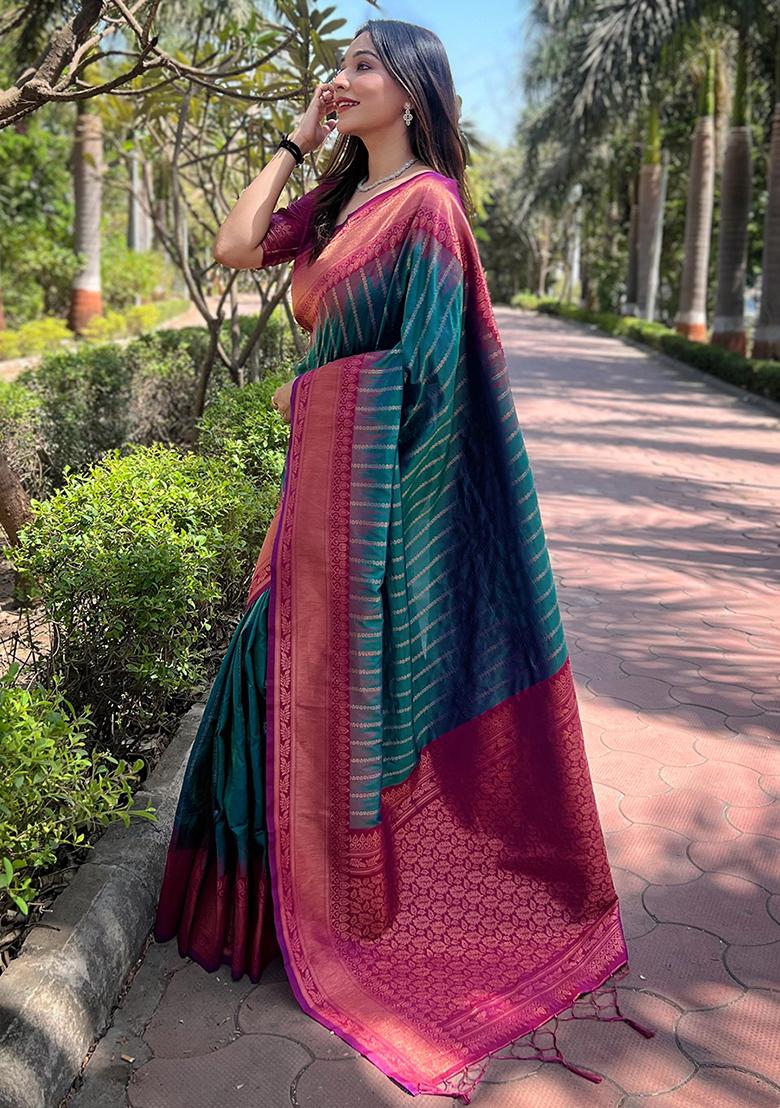 Bottle Green Zari Woven Soft Silk Saree Set