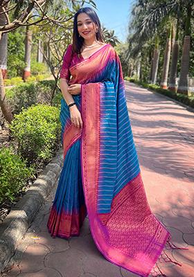 Blue Zari Woven Soft Silk Saree Set
