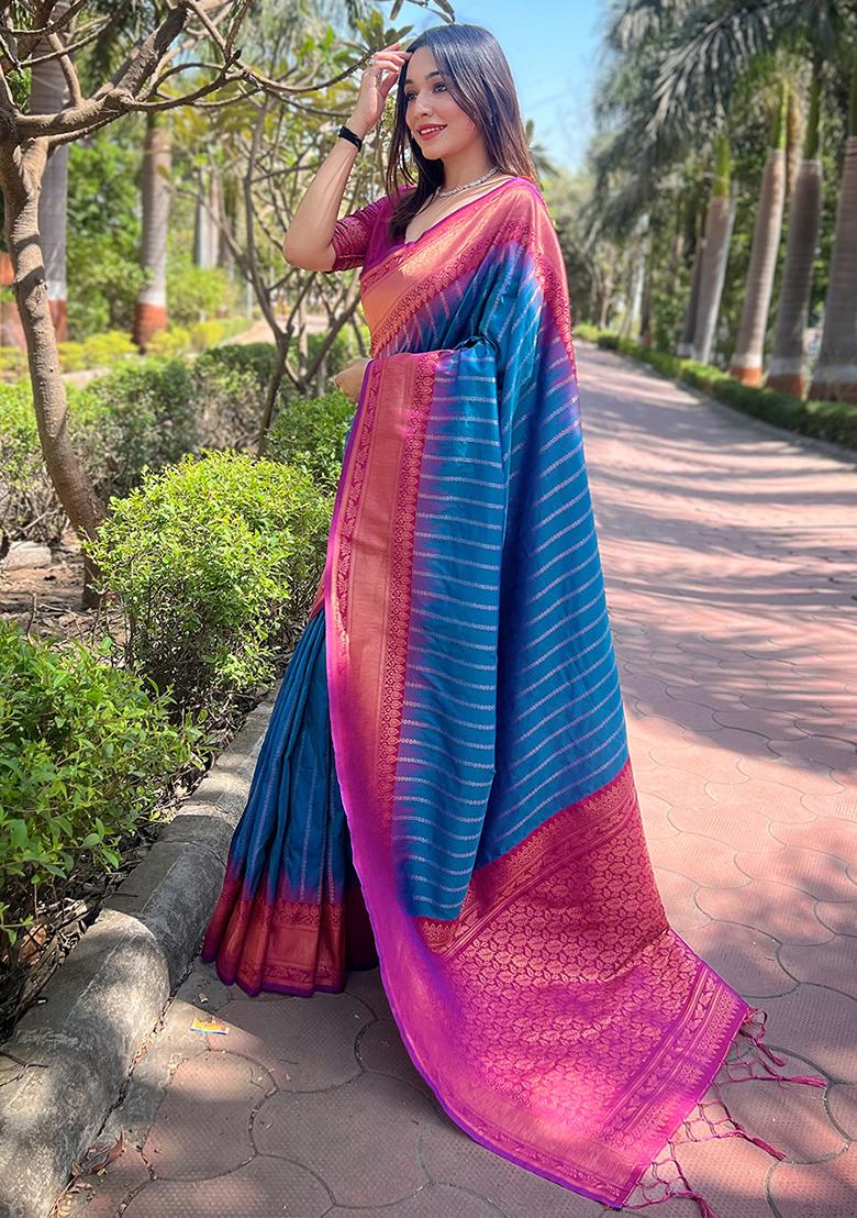 Blue Zari Woven Soft Silk Saree Set