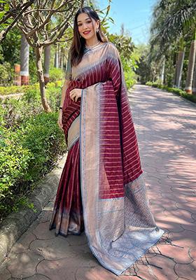 Brown Zari Woven Soft Silk Saree Set