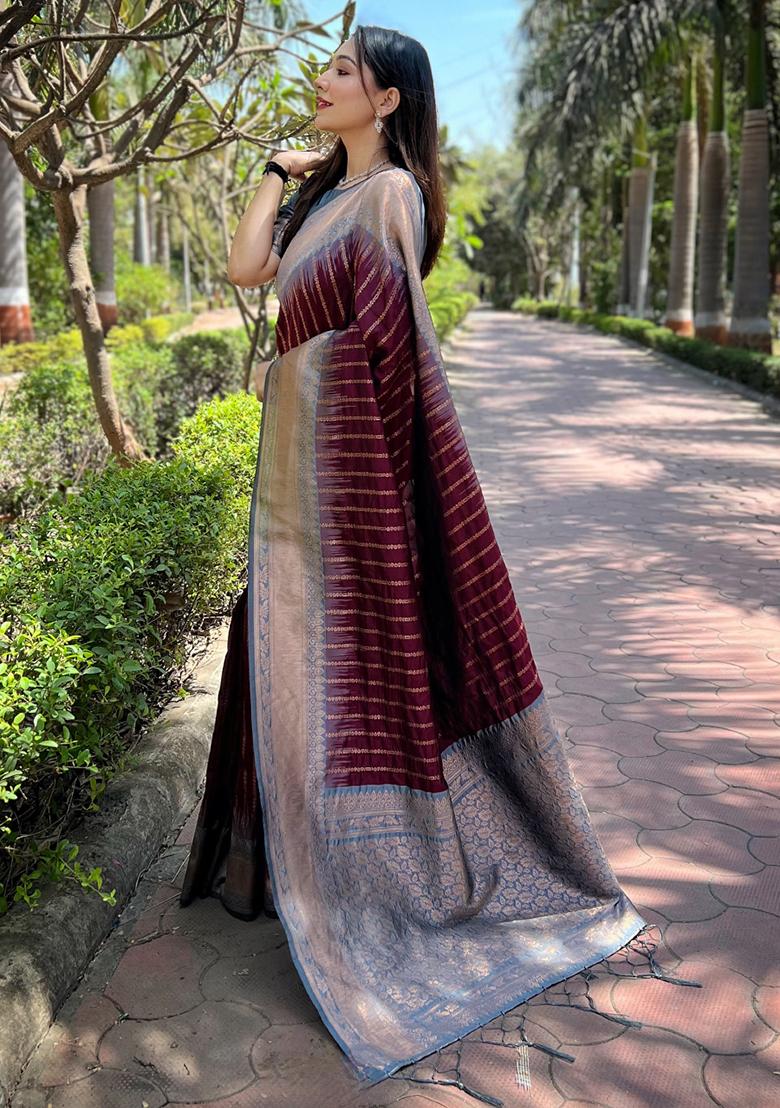 Brown Zari Woven Soft Silk Saree Set