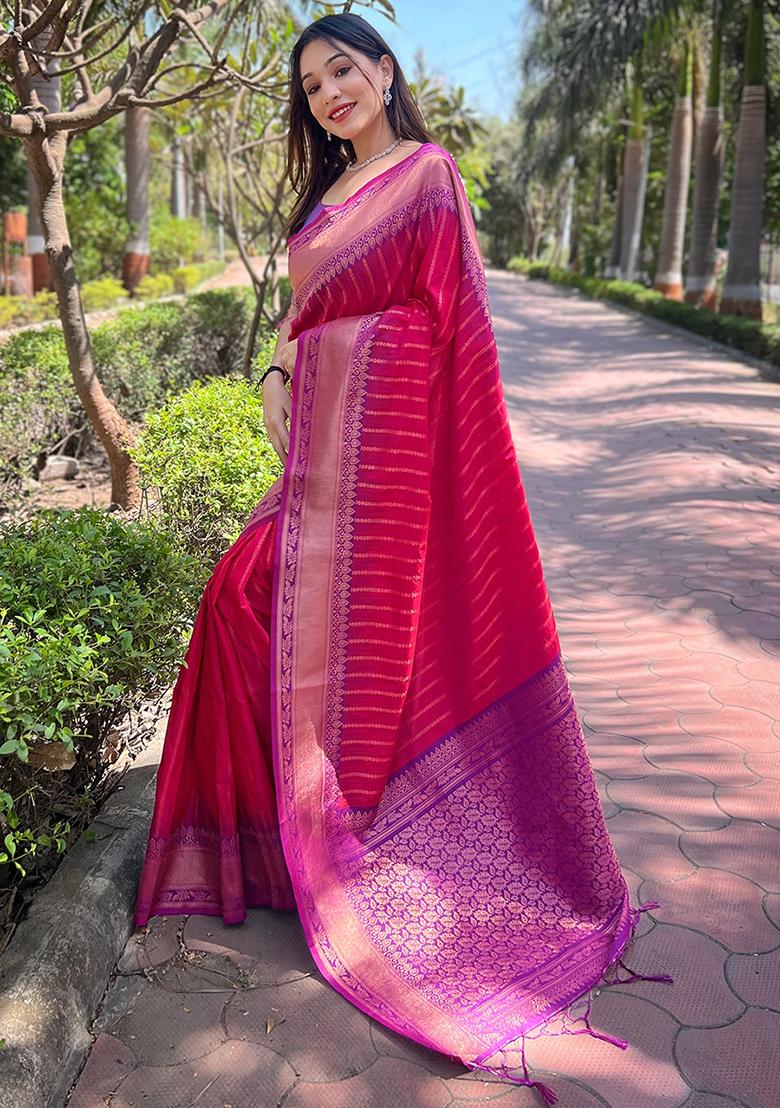 Pink Zari Woven Soft Silk Saree Set