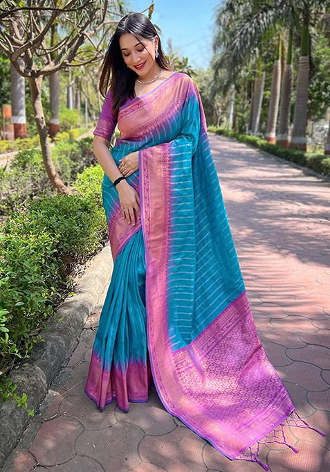 Sky Blue Zari Woven Soft Silk Saree Set