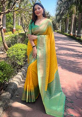 Yellow Zari Woven Soft Silk Saree Set