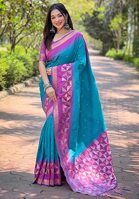 Blue Zari Woven Soft Silk Saree Set